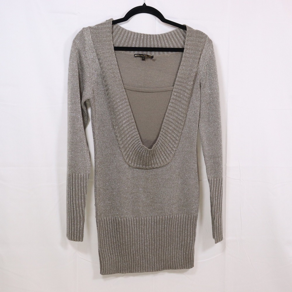 Renuar Glam Sweater Dress 0‎ Silver Womens Metallic Deep V Neck Knit Mini